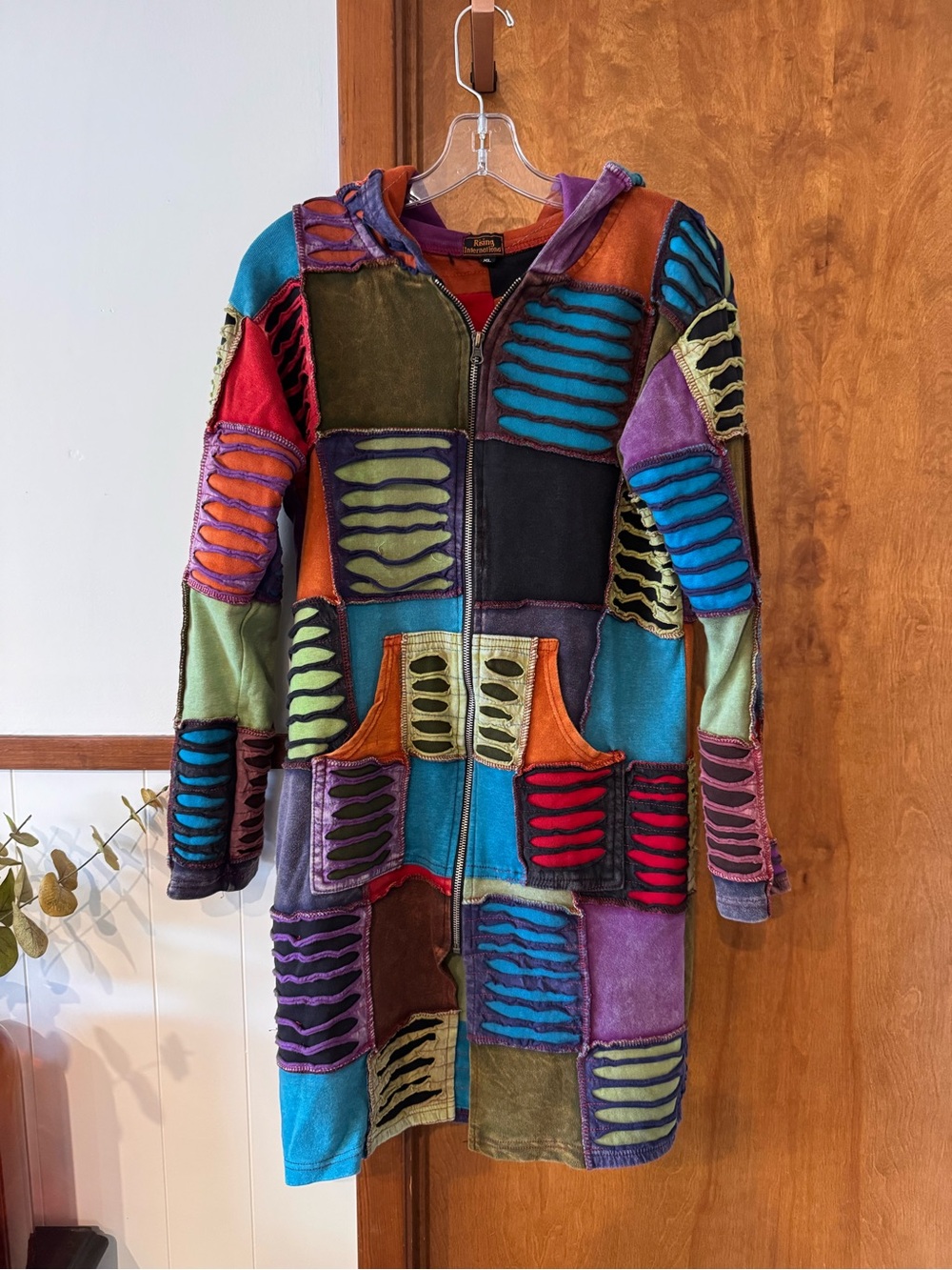 Rising International Patchwork Hooded Coat Colorblock Boho Festival Jacket XL